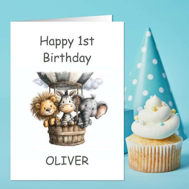 Tarjeta Safari Animals in Hot Air Balloon 1st Birthday (Subido por el creador)
