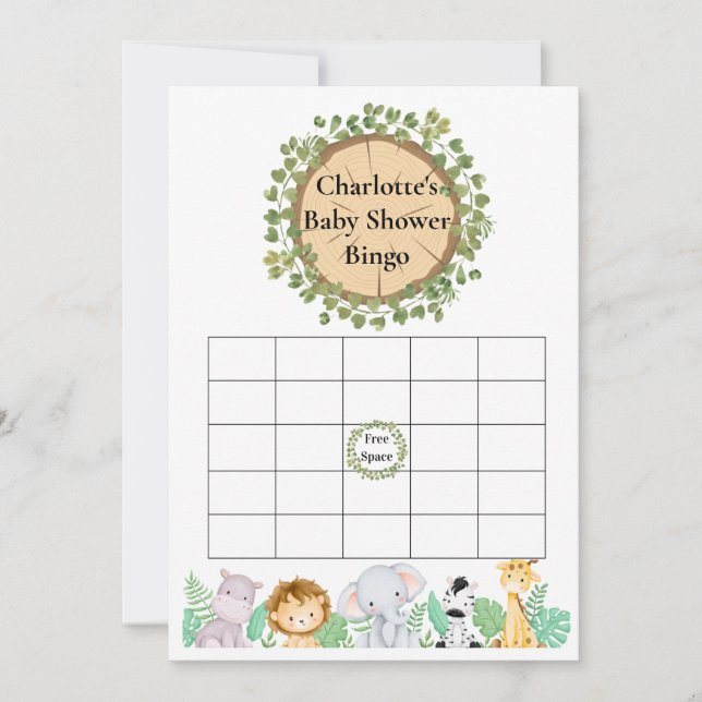 Tarjeta Safari Baby Shower Bingo and Name Race (Anverso)