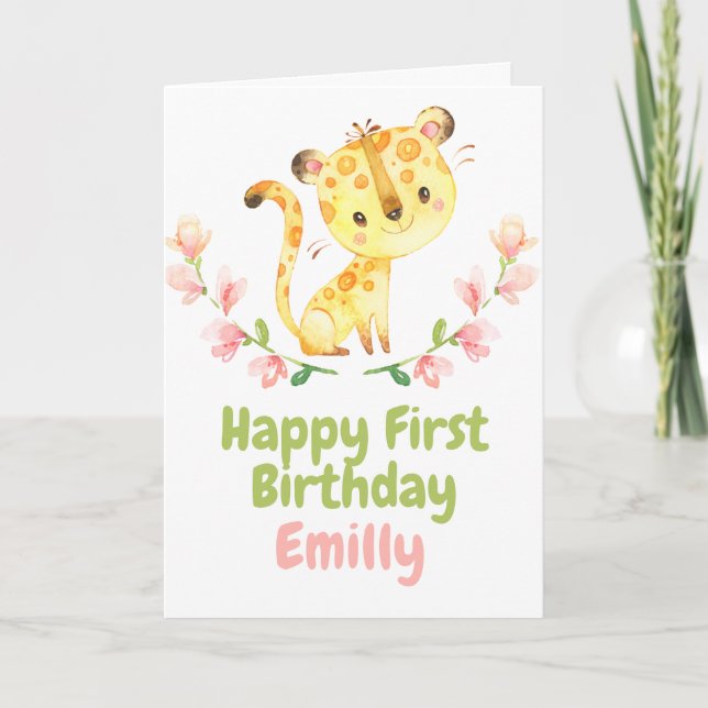 Tarjeta Safari Baby Tiger Chica Feliz Primer Cumpleaños Ca (Anverso)