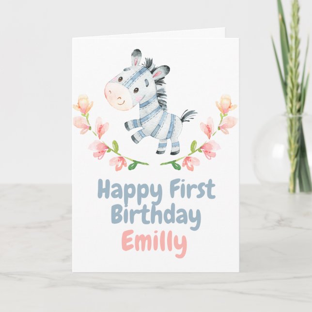 Tarjeta Safari Baby Zebra Happy 1er cumpleaños Card (Anverso)