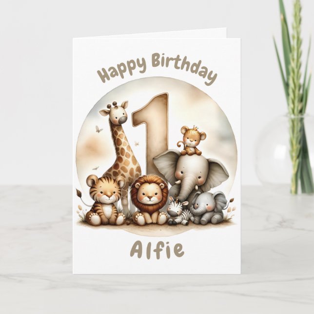Tarjeta Safari de primer cumpleaños personalizada  (Anverso)