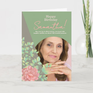 Tarjeta Sage Green Blush Floral Photo Birthday Greeting