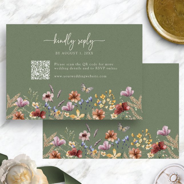 Tarjeta Sage Green Boho Wildflower RSVP (Sage Green Boho QR Code Wildflower RSVP Card with Butterfly by Painted Paperie
)