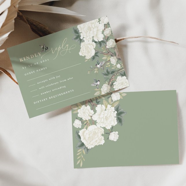 Tarjeta Sage Green Chinoiserie Bird Peony Wedding RSVP (Subido por el creador)
