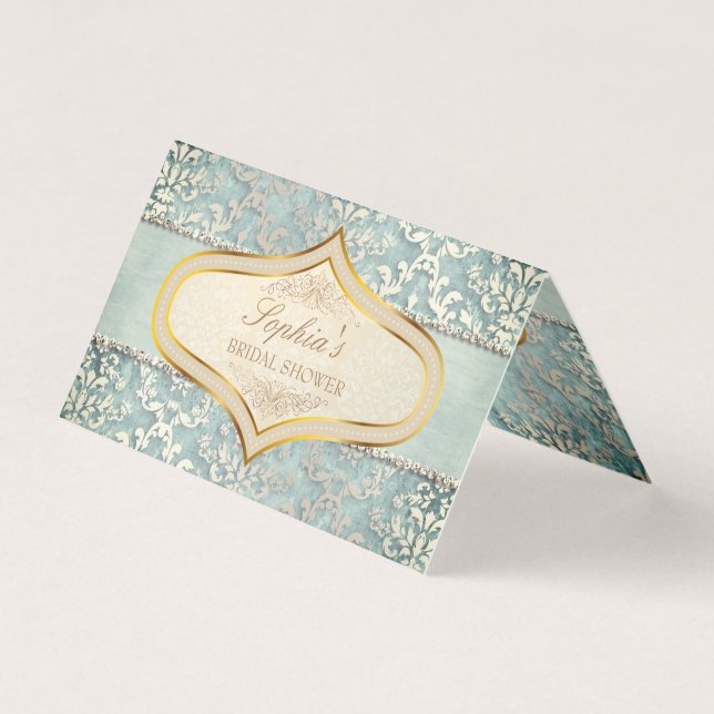 Tarjeta Sage Green Glimmer Damask Wedding Place (Anverso)