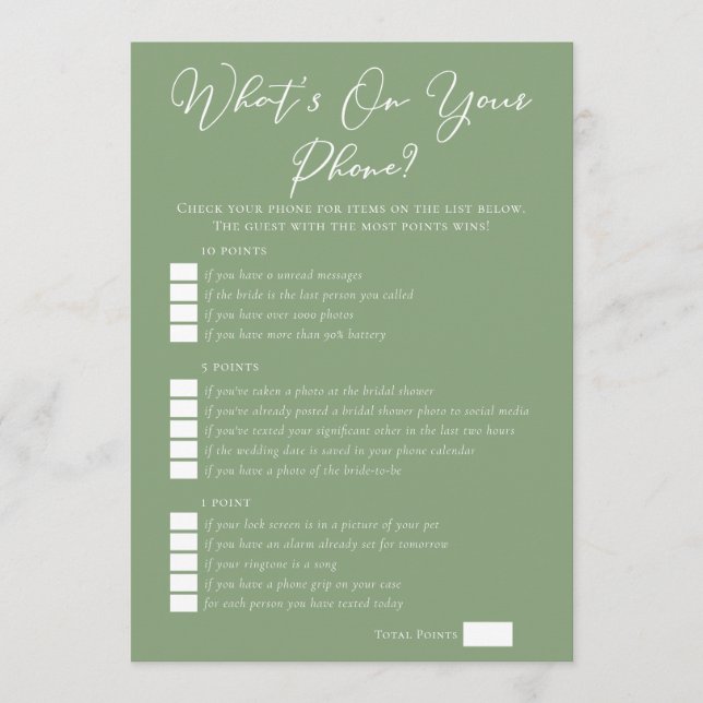 Tarjeta Sage Green What's On Your Phone Bridal Shower (Anverso)