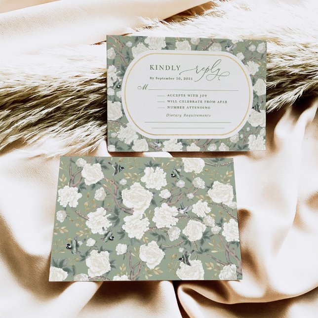 Tarjeta Sage Green White Chinoiserie Boda Floral RSVP (Subido por el creador)