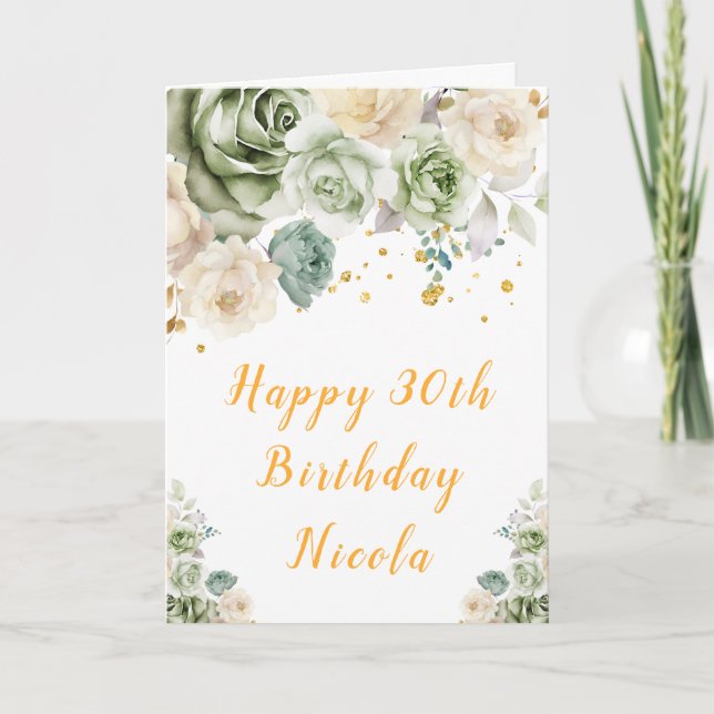 Tarjeta Sage Green y Cream Floral Happy Birday (Anverso)