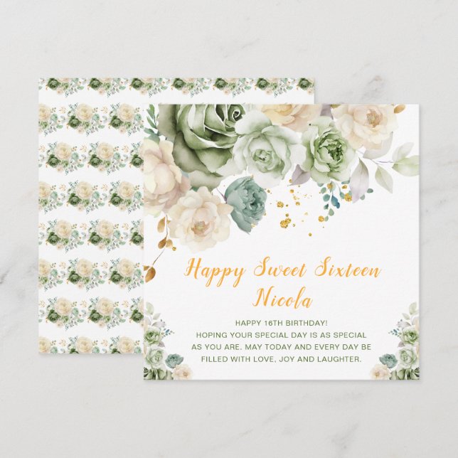 Tarjeta Sage Green y Cream Floral Sweet 16 (Anverso / Reverso)