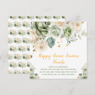 Tarjeta Sage Green y Cream Floral Sweet 16