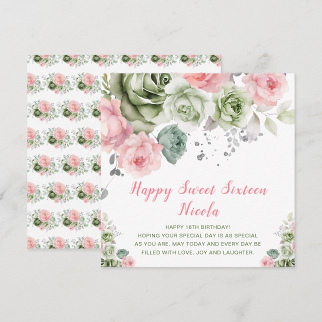 Tarjeta Sage Green y Pink Floral Sweet 16 (Anverso / Reverso)