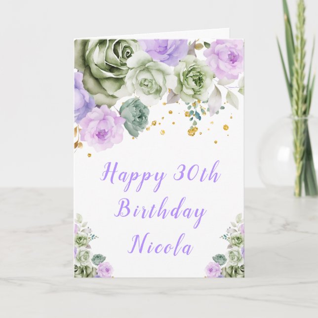 Tarjeta Sage Green y Purple Floral Happy Birday (Anverso)