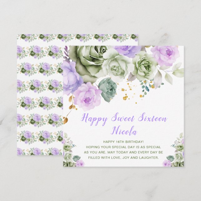 Tarjeta Sage Green y Purple Floral Sweet 16 (Anverso / Reverso)