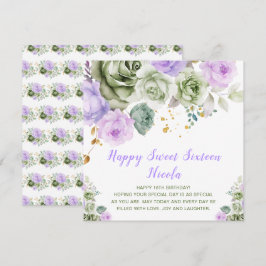 Tarjeta Sage Green y Purple Floral Sweet 16