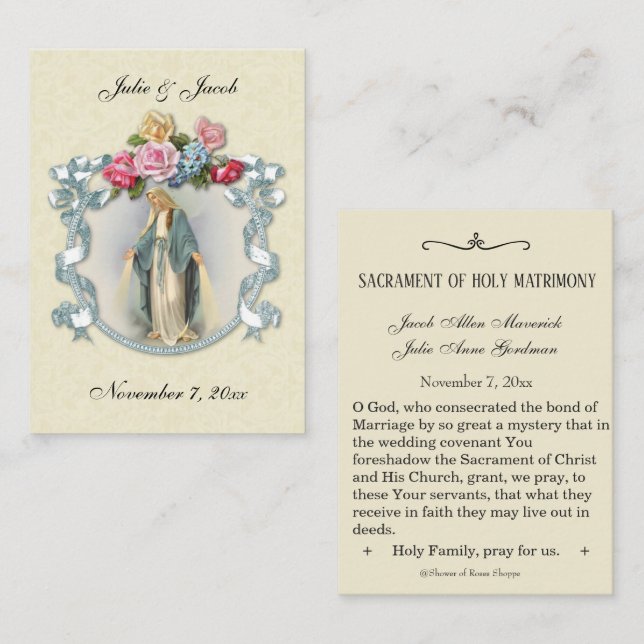 Tarjeta sagrada de la boda tradicional católica (Anverso / Reverso)