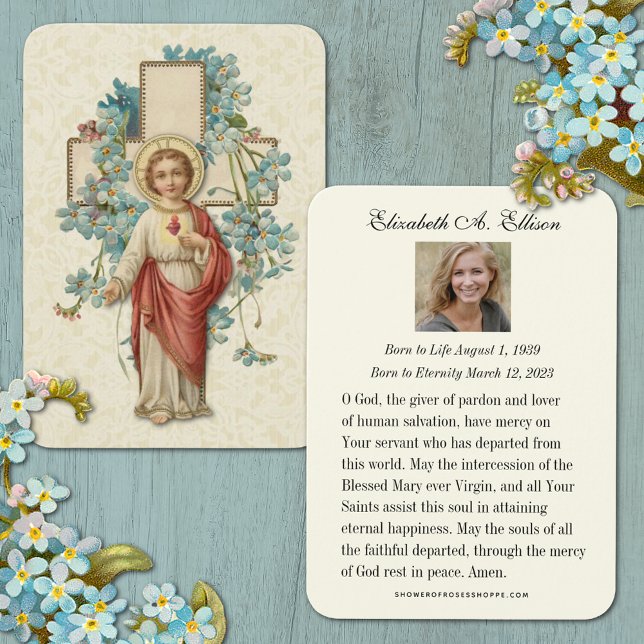 Tarjeta sagrada de la oración conmemorativa de Jes (Traditional Catholic Sacred Heart of Jesus Floral Funeral Prayer Card)