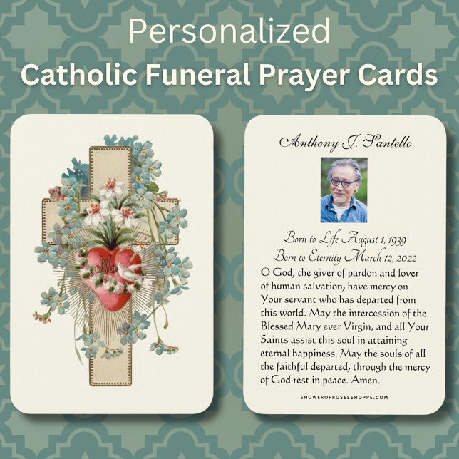 Tarjeta Sagrada de la Oración de la Oración del Fu (Floral Traditional Catholic Funeral Prayer Card with Sacred Heart and Cross)