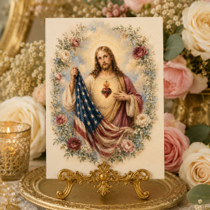 Tarjeta Sagrado Corazón de Jesús con bandera americana cat