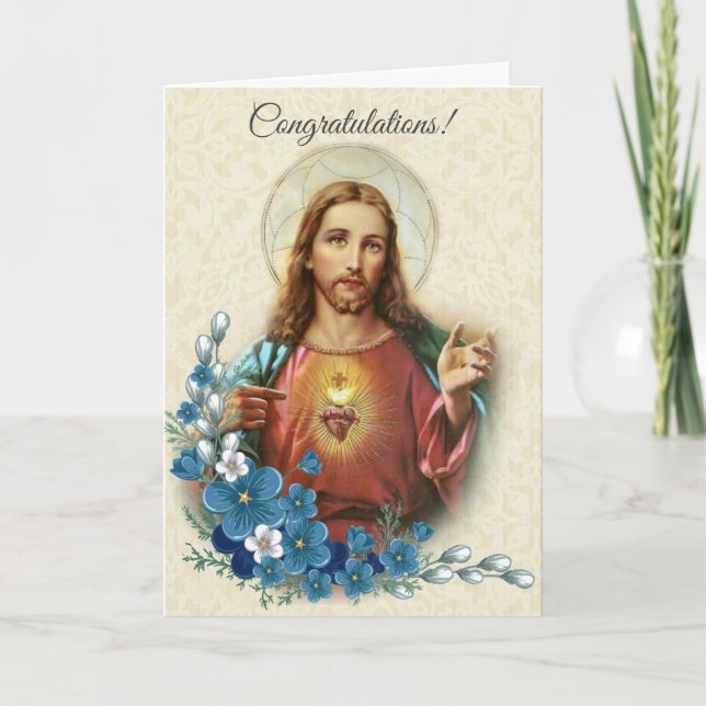 Tarjeta Sagrado Corazón de Jesús Floral Felicitaciones (Anverso)