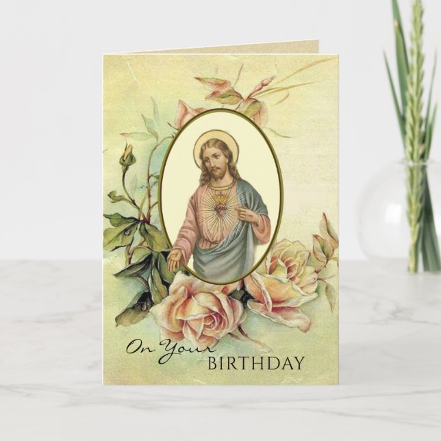 Tarjeta Sagrado Corazón de Jesús Rosas religiosos de cumpl (Anverso)