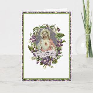 Tarjeta Sagrado Corazón Jesús Violeta Floral Vintage Oraci