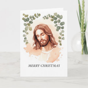 Tarjeta Sagrado Jesús y Eucalipto Acuarela Melocotón