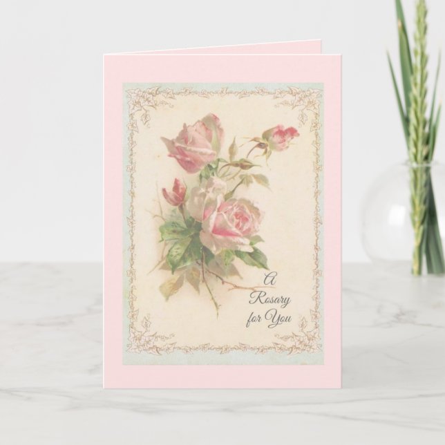 Tarjeta Sagrado Rosario con rosas rosadas Oración (Anverso)