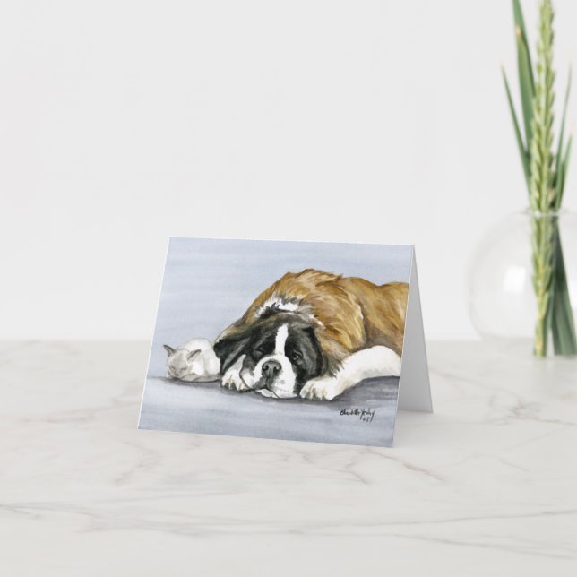 Tarjeta "Saint Bernard and Kitten" Perro Art Notecard (Anverso)