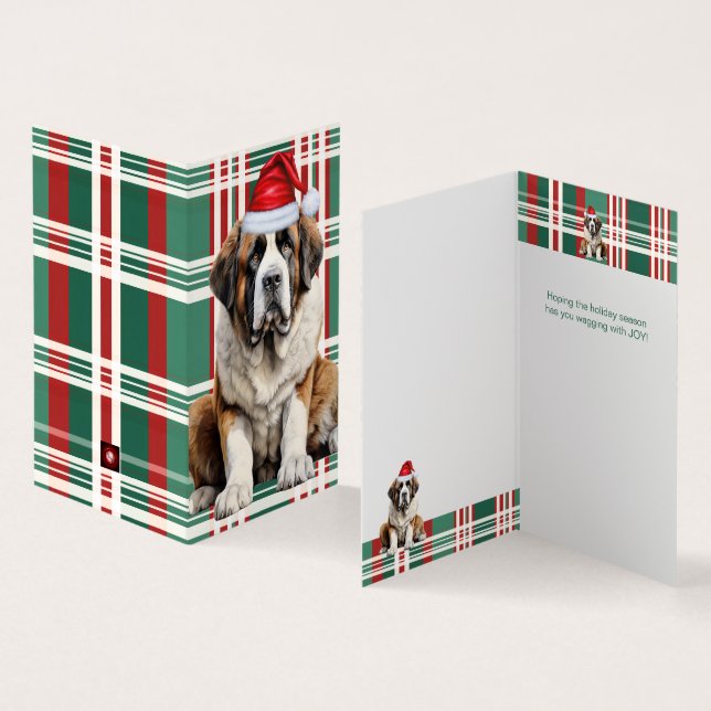 Tarjeta Saint Bernard Dog Holiday Plaid Christmas (Interior y exterior)
