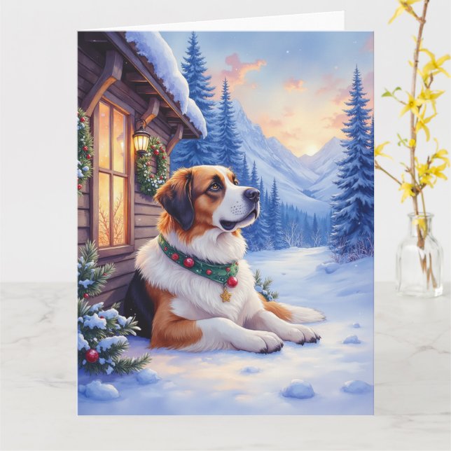 Tarjeta Saint Bernard Snowy Mountain Lodge Christmas Dog (flor amarilla)