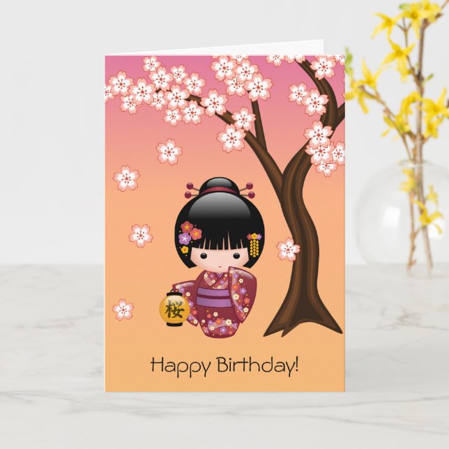 Tarjeta Sakura Kokeshi Doll Cute Cumpleaños Japonés de Gei (flor amarilla)