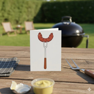 Tarjeta Salchicha a la parrilla en tenedor para barbacoa