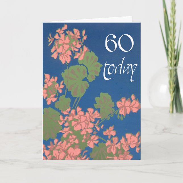 Tarjeta Salmon Pink Geraniums on Deep Blue, 60th Birthday (Anverso)