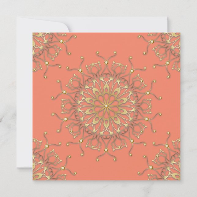 Tarjeta Salmón rosado y oro Filigree Mandala con diamantes (Anverso)