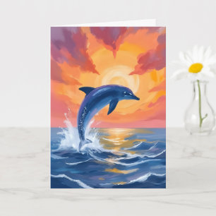 Tarjeta Salto de delfín puesta de sol acuarela océano pint