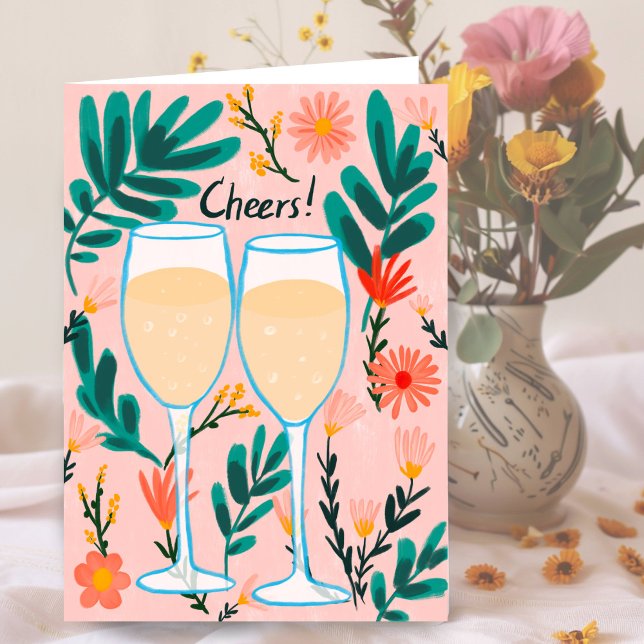Tarjeta Salud! Vino espumoso Champagne Flores Felicitacion (Cheers! Sparkling Wine Champagne Flowers Congrats Card Wedding Engagement Anniversary)