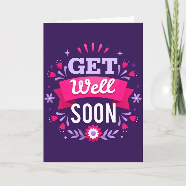 Tarjeta Saluda a la tipografía púrpura muy pronto (Anverso)