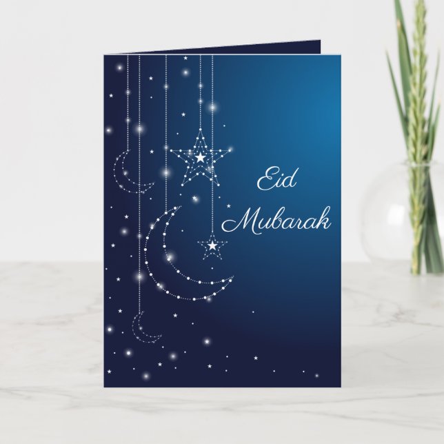Tarjeta Saludo blanco azul elegante de Eid de la chispa de (Anverso)