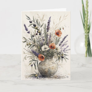 Tarjeta Saludo botánico de lavanda y olivo Mediterráneo 
