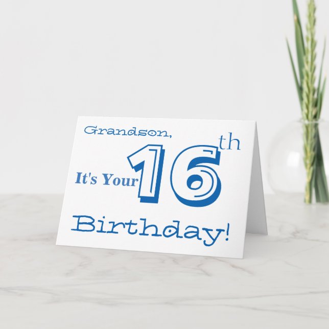 Tarjeta Saludo de 16 años de su nieto en azul y blanco. (Anverso)