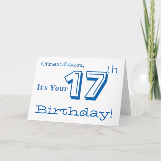 Tarjeta Saludo de 17 años de su nieto en azul y blanco. (Anverso)