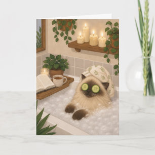 Tarjeta Saludo de autocuidado para baño de gato siamés