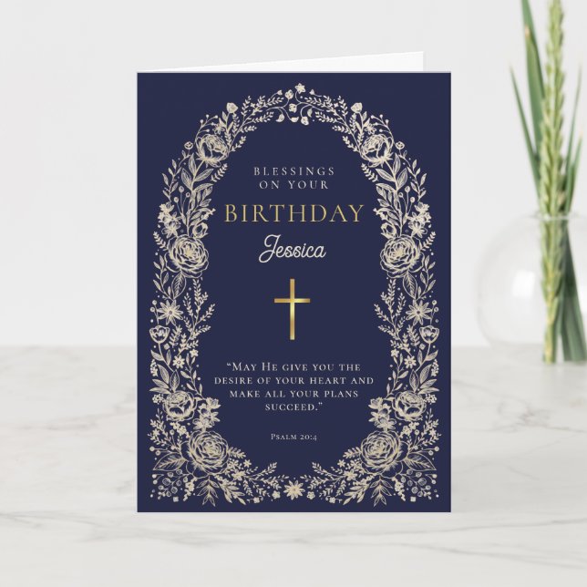 Tarjeta Saludo de bendiciones de cumpleaños en azul marino (Anverso)
