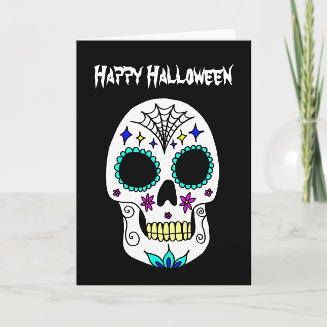 Tarjeta Saludo de cráneo de azúcar de Halloween (Anverso)