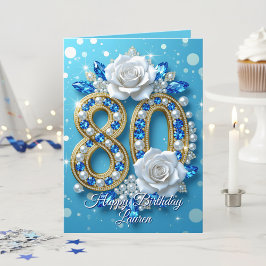 Tarjeta Saludo de cumpleaños 80 de la Marina Blue Gems & G