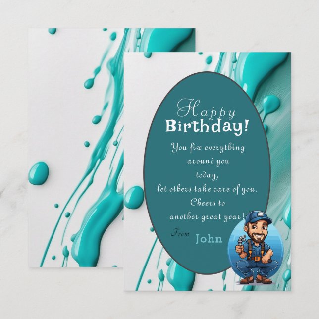 Tarjeta Saludo de cumpleaños a un plomero  (Anverso / Reverso)