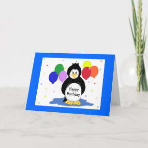 Tarjeta Saludo de cumpleaños con pingüinos y globos