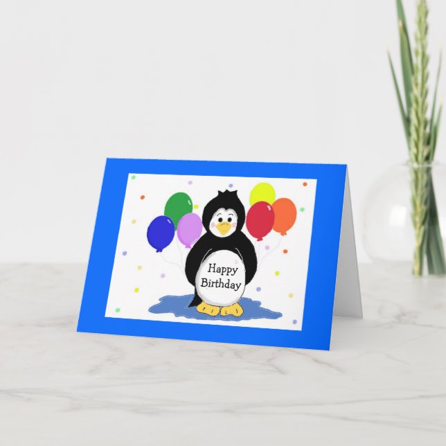 Tarjeta Saludo de cumpleaños con pingüinos y globos (Anverso)