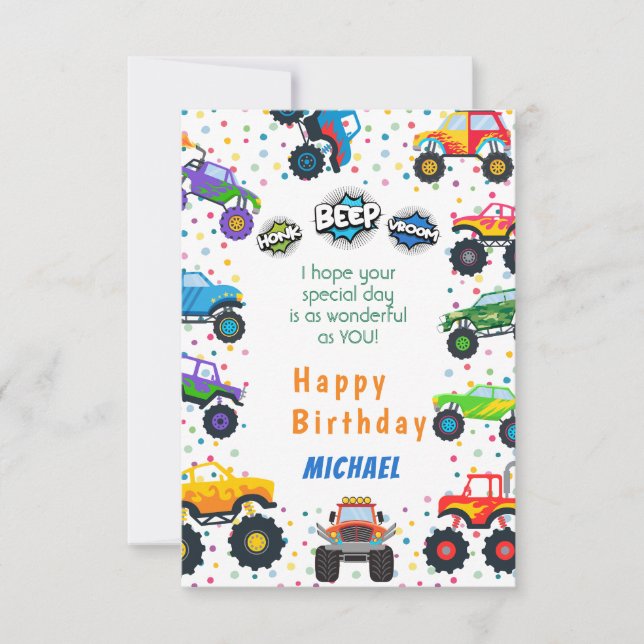Tarjeta Saludo de cumpleaños de los camiones monstruosos d (Anverso)