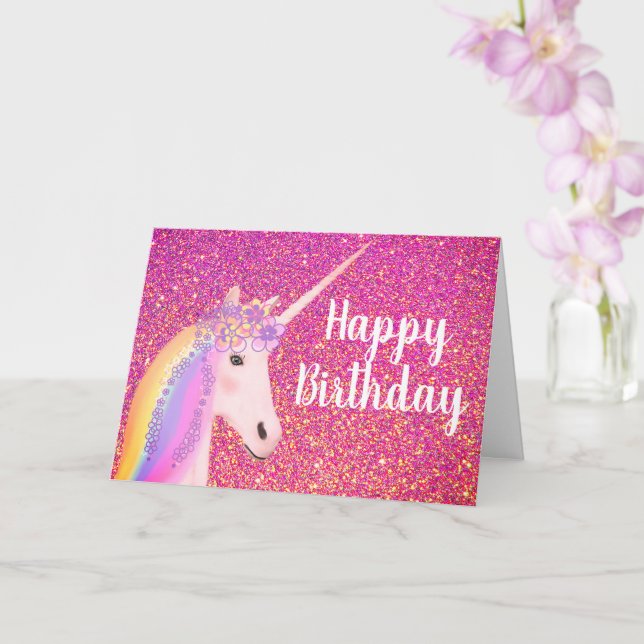 Tarjeta Saludo de cumpleaños de Purpurina Rosa de Unicorni (Orquídea)